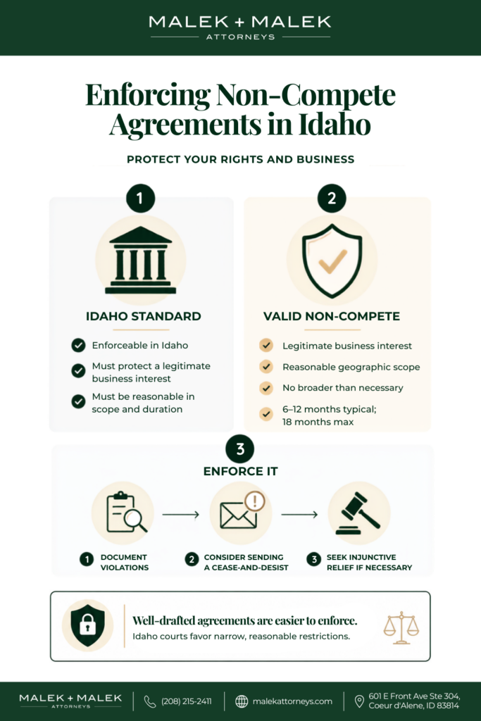 Infographic from Malek + Malek covering the Idaho standard for non-compete enforceability. Topics include the criteria for a valid non-compete, such as legitimate business interest, geographic scope, and duration limits, plus the three-step enforcement process from documentation to injunctive relief.