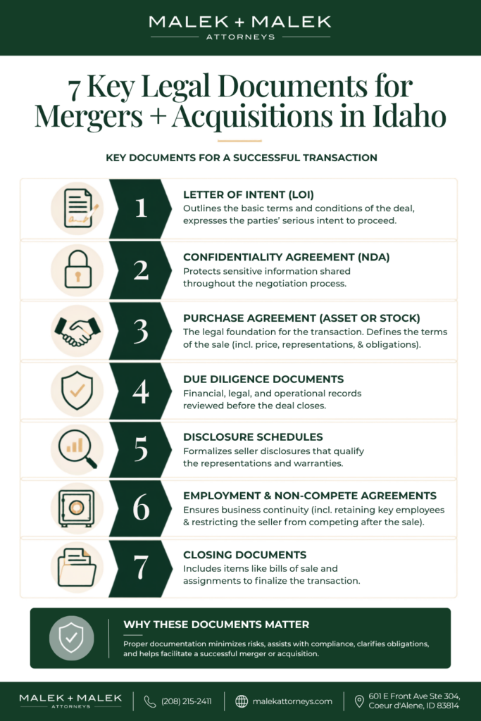 Infographic by Malek + Malek Attorneys listing seven key legal documents used for mergers and acquisitions in Idaho. It covers the letter of intent, NDA, purchase agreement, and due diligence documents. It also covers disclosure schedules, employment and non-compete agreements, and closing documents.